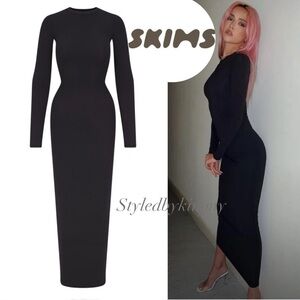 SKIMS FITS EVERYBODY CREW NECK LONG SLEEVE DRESS Onyx Black XXS NWT